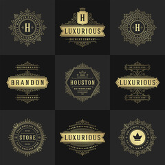 Vintage logos and monograms set elegant flourishes line art graceful ornaments victorian style vector template design