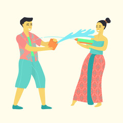 Man and woman are splashing water in Songkran festival, Thailand. Vector flat cartoon illustration