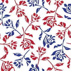 Fototapeta na wymiar Red and Navy Botanical Floral Seamless Pattern Background