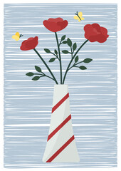 Flat vase with flowers - illustration on texture background.