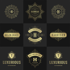 Vintage logos and monograms set elegant flourishes line art graceful ornaments victorian style vector template design