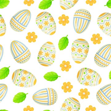 Easter egg seamless pattern. Texture with flowers. Can be used as easter hunt element for web banners, posters and web pages background, wallpaper, spring greeting cards. © Daaridna