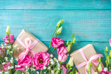 Beautiful spring flowers with gifts