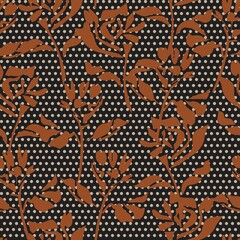 Brown Botanical Tropical Floral Seamless Pattern with dotted Background