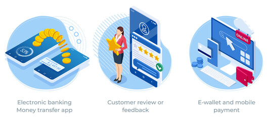 Isometric Electronic banking Money transfer app, Customer review or feedback, E-wallet and mobile payment. Online banking system. Mobile payment. Smartphone global transactions.