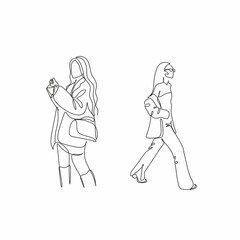 Fashion sketch set vector illustration. Stylish Woman set of continuous line drawing. Abstract minimal woman vector artwork. Logo, icon, label. Stylish woman walking
