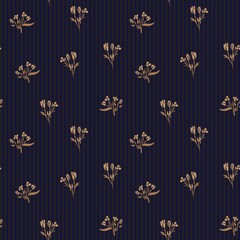 Brown Botanical Floral Seamless Pattern with striped Background