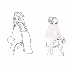 Fashion model concept, woman beauty minimalist, vector illustration. Luxury shop logo. Line art drawing woman