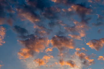 Exotic sunrise cloudscape sky with pink black and white coloured cumulus cloud formation in a pastel blue sky. Sunset or sunrise background image