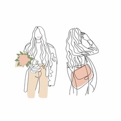 One line woman fashion, creative freehand composition in contemporary abstract style with colorful geometric elements. Beauty fashion female young figure. Tempura design for print, card, poster