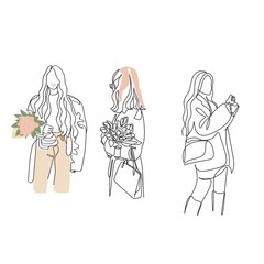 One line woman fashion, creative freehand composition in contemporary abstract style with colorful geometric elements. Beauty fashion female young figure. Tempura design for print, card, poster