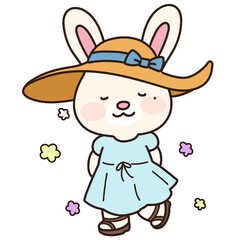 Adorable white bunny in a dress enjoying flowers outlined