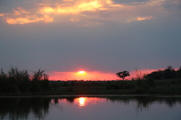 beautiful sunset at the okavango river in namibia