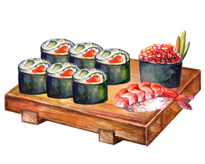 Japanese food rolls with salmon, shrimp, caviar on board watercolor