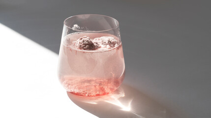 Glass of natural strawberry collagen protein powder in glass of water for skin regeneration. Trendy food additives. White background with sunlight and deep shadow of glass. Hard sunlight.