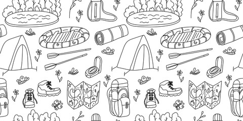 Vector seamless pattern. Lake, boat, tourism and camping equipment on white background. Great for fabrics, wrapping papers, wallpapers, covers. Doodle hand drawn sketch illustration black outlines.