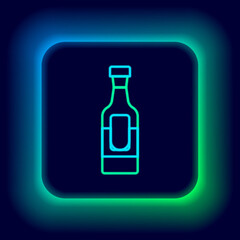 Glowing neon line Wine bottle icon isolated on black background. Colorful outline concept. Vector