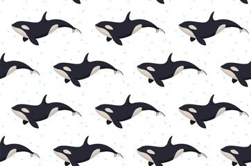 Seamless vector pattern with cute killer whales for wallpaper, web page background, surface textures.