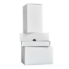 Mockup of four containers for goods stacked by a tower. Packaging boxes on a white background.