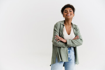 Young black woman in shirt laughing and looking at camera
