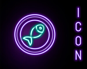 Glowing neon line Served fish on a plate icon isolated on black background. Colorful outline concept. Vector