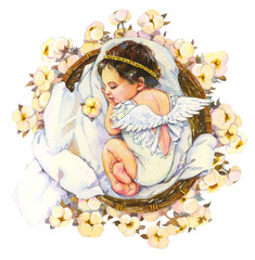 Watercolor baby angel. A newborn baby in white clothes sleeps among cotton flowers. Watercolor illustration isolated on white background. Baby shower card.