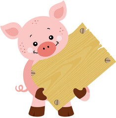 Cute pig holding a wooden signboard
