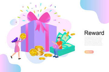 Woman and Man Standing near Gift Box. People Characters Receiving Online Reward. Loyalty reward points for purchase cashback program. Earn and get bonus signs. Vector Illustration.