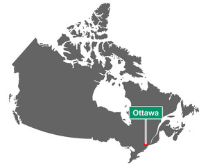Landkarte von Kanada mit Ortsschild von Ottawa