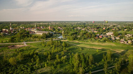Hot air balloon flight over the city of Kuldiga, Latvia.