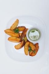 potatoes with meat and vegetables white background