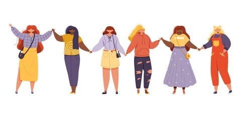 Strong and brave women standing together and holding hands. Happy girls support each other and feminist movement. Sisterhood and female friendship. Vector illustration.