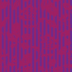 Purple Botanical Floral Seamless Pattern with striped Background