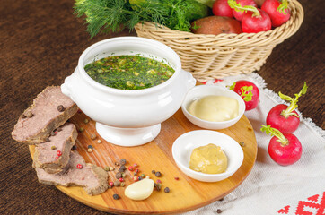 okroshka on the table with ingredients