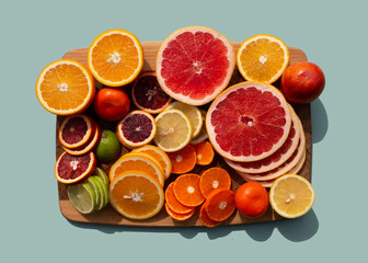 Set of different sliced citrus fruits on wooden board. Orange, grapefruit, lime, tangerine, lemon. Organic SPA cosmetics with orange oil and vitamin C.