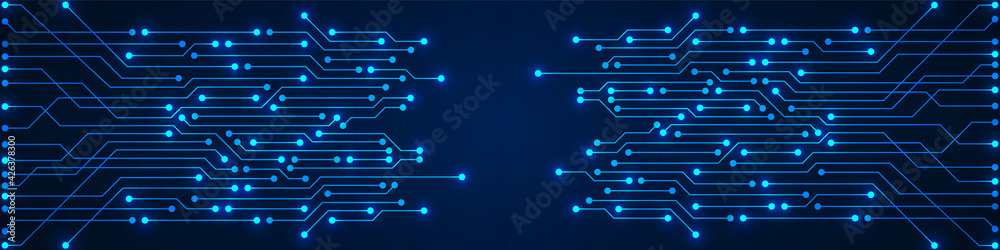 Wall mural Abstract Technology Background, blue circuit board pattern with electric light, microchip, power line