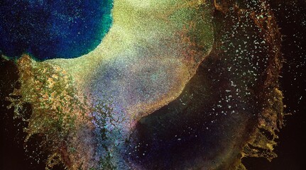 Blue metallic gold and blue liquid ink macro. Abstract explosive light pattern background,...