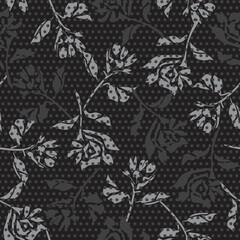 Black and White Botanical Tropical Floral Seamless Pattern with dotted Background