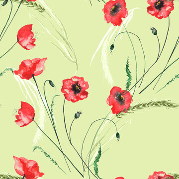 Watercolor abstract seamless background, card, pattern, spot, splash of paint, blot, divorce. Spikelet of wheat, grass, wildflowers. Abstract flower silhouette, poppy, branch, Red Rose. 