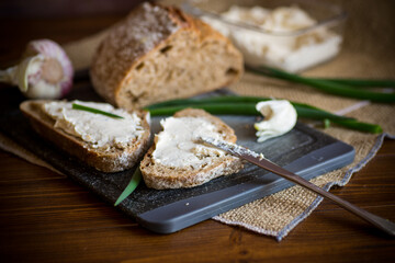 Homemade buckwheat bread with garlic cheese spread