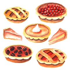 Set of watercolor pies. Cranberry pie, nut pie, pumpkin pie for Thanksgiving, thanksgiving food, vector food illustration, traditional holiday food for Thanksgiving. © zezeland