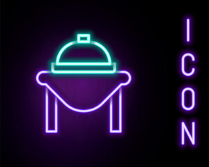 Obraz premium Glowing neon line Table food icon isolated on black background. Colorful outline concept. Vector