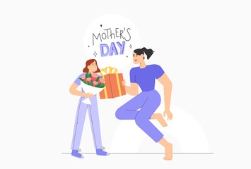 Happy mother's day. Daughter congratulates mom and gives her a bouquet of flowers and gift. Cute cartoon female characters. 