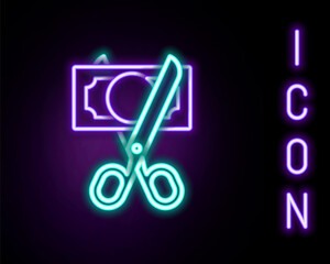 Glowing neon line Scissors cutting money icon isolated on black background. Price, cost reduction or price reduction icon concept. Colorful outline concept. Vector
