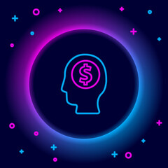 Glowing neon line Business man planning mind icon isolated on black background. Human head with dollar. Idea to earn money. Business investment growth. Colorful outline concept. Vector