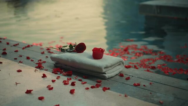 Red rose soap standing on a towel outside the pool