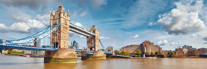 Tower Bridge in London on a bright sunny day, panoramic image