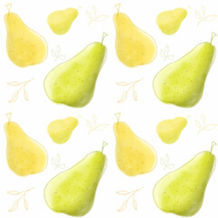 Pears Seamless pattern, drawing with pastel, pencil, paper texture.