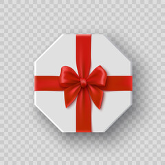 White octagonal gift box with red bow on transparent background. Package with ribbon. Vector illustration.