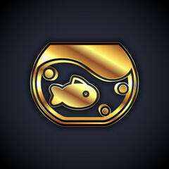 Gold Aquarium with fish icon isolated on black background. Round glass aquarium. Aquarium for home and pets. Vector